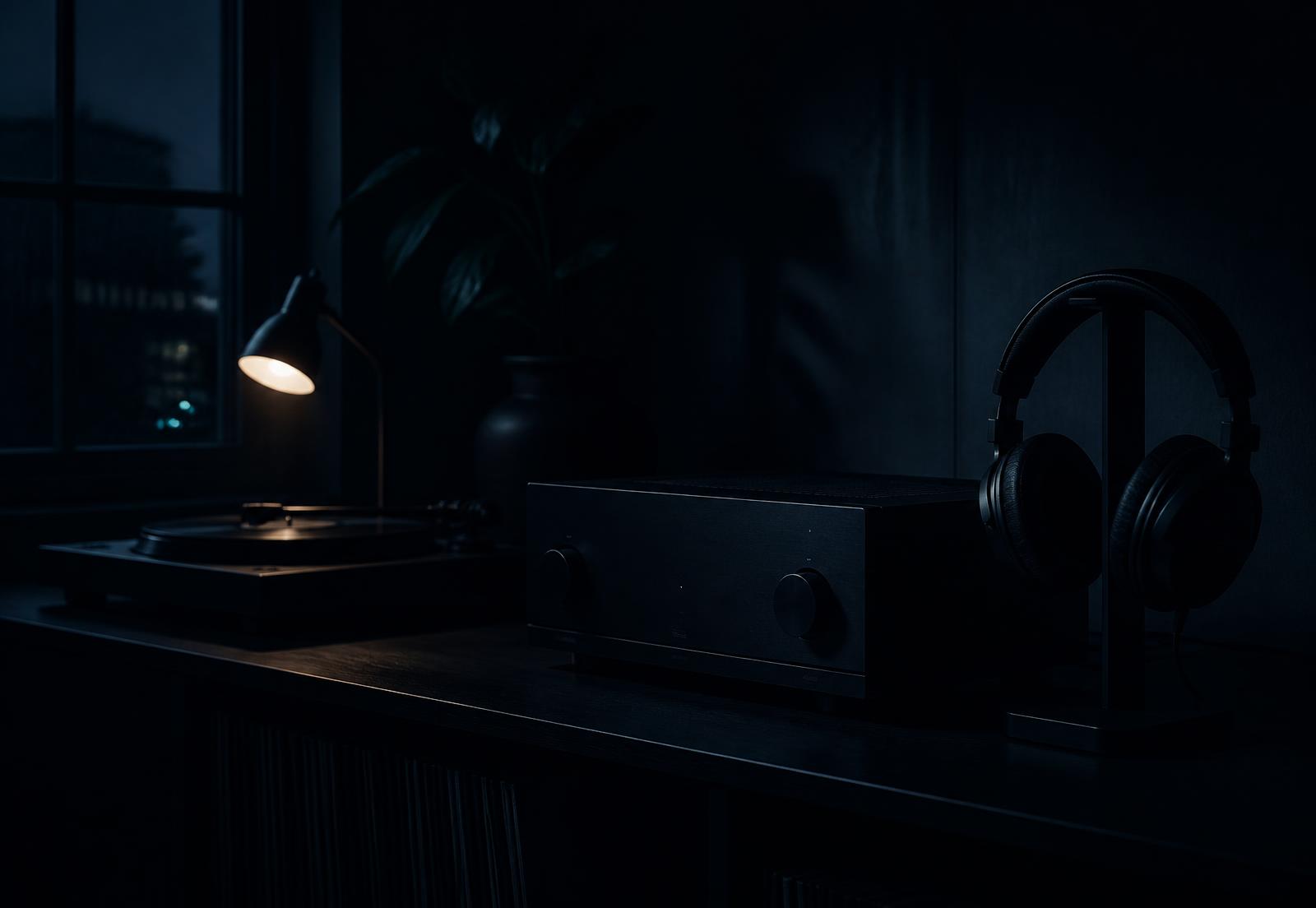 Sistema de som em um canto de escuta à noite, com fones de ouvido em um suporte
